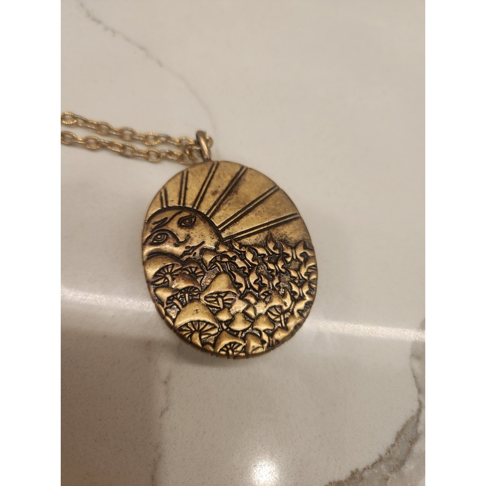 Vintage Gold Tone Sun & Mushroom Design Pendant‎ with Gray/Ivory Faux Stone 11"